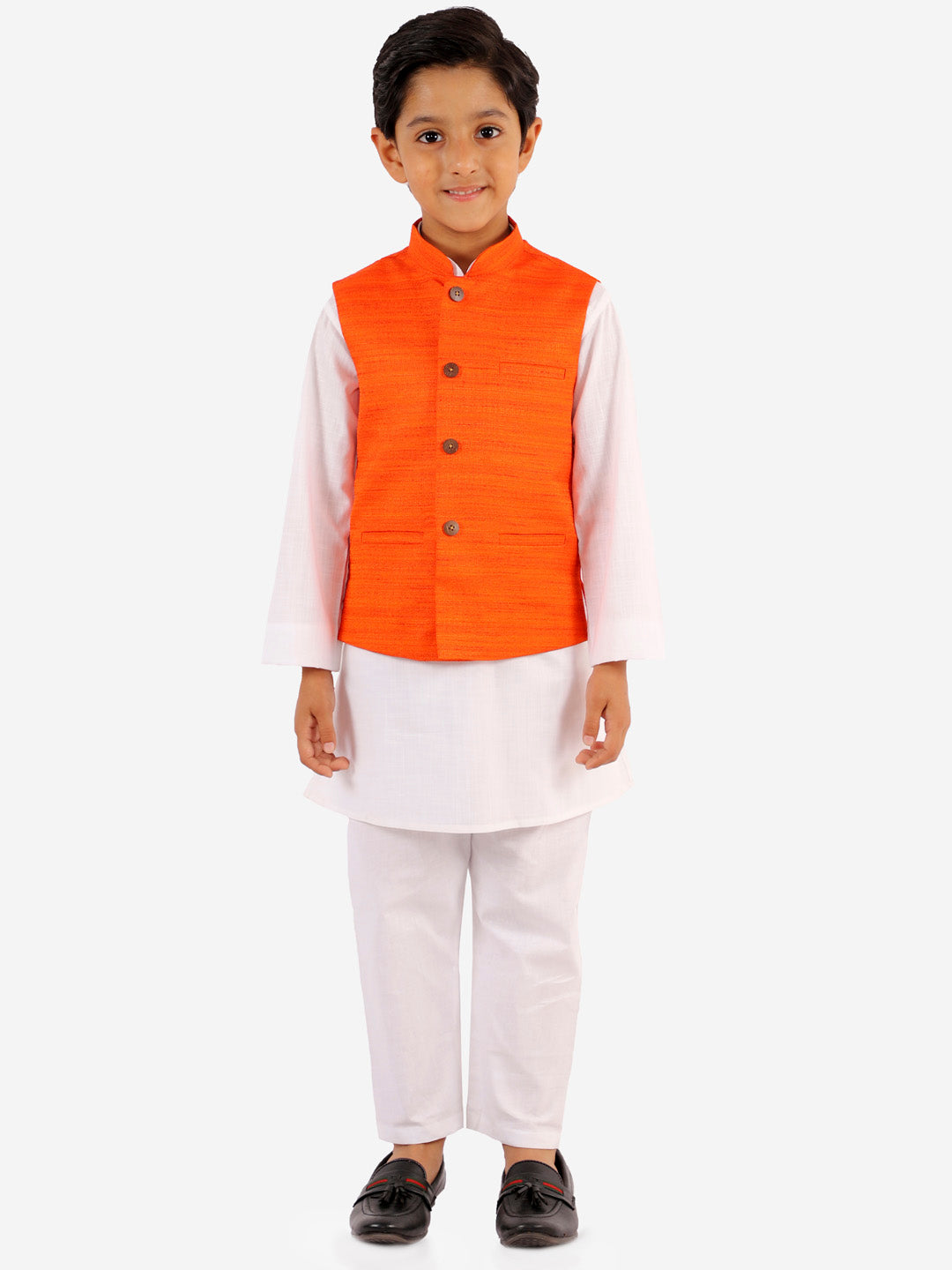 Vastramay Boys Orange And White Jacket, Kurta and Pyjama Set - qivii