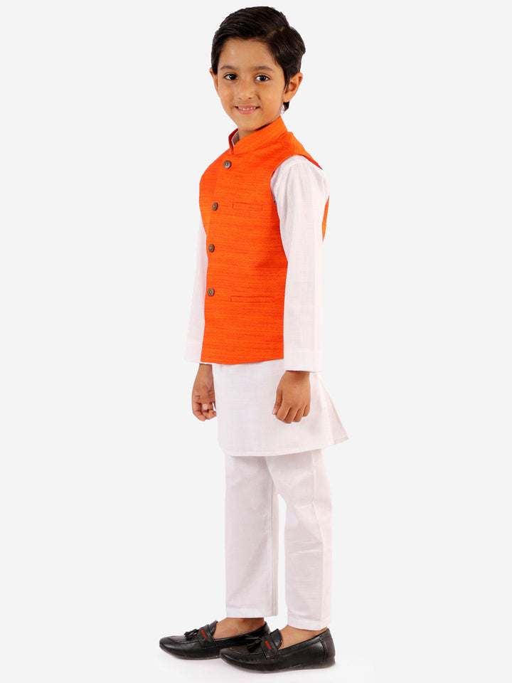 Vastramay Boys Orange And White Jacket, Kurta and Pyjama Set - qivii