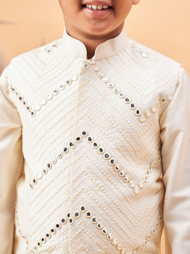 VASTRAMAY Boy's Cream Mirror Work Jacket And Pleated Kurta Pyjama Set - qivii