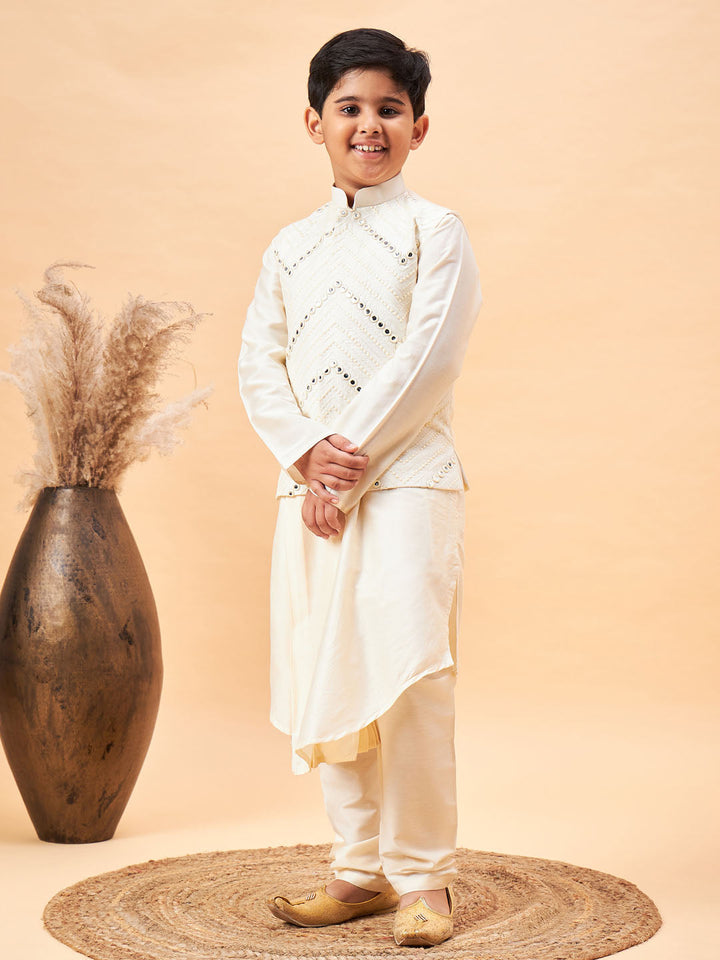 VASTRAMAY Boy's Cream Mirror Work Jacket And Pleated Kurta Pyjama Set - qivii