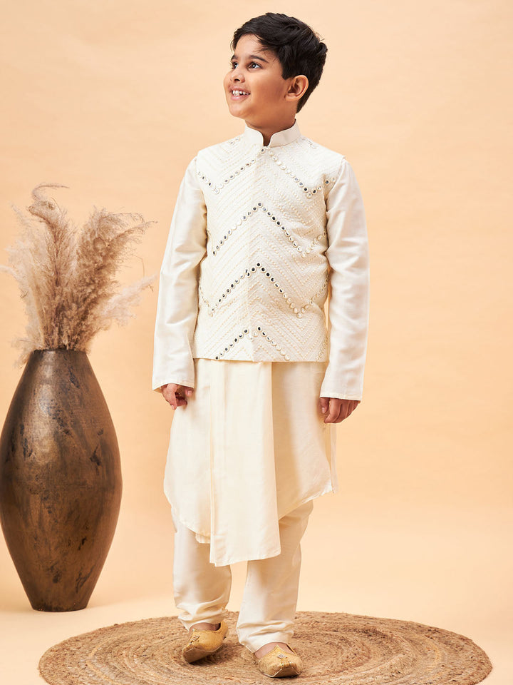 VASTRAMAY Boy's Cream Mirror Work Jacket And Pleated Kurta Pyjama Set - qivii