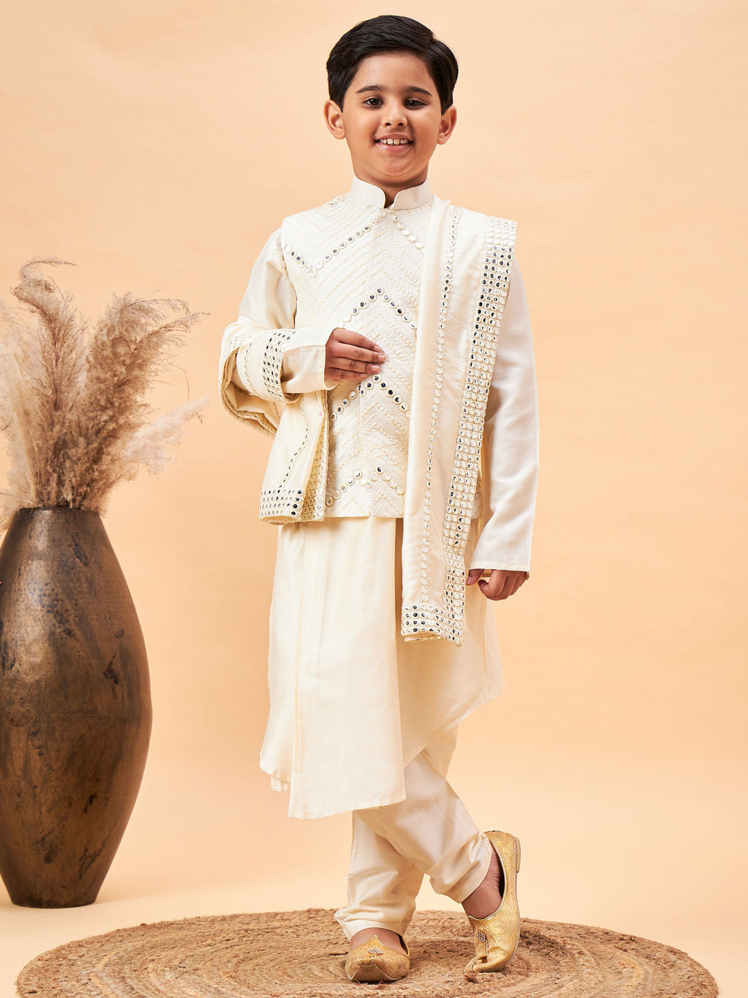 VASTRAMAY Boy's Cream Mirror Work Jacket And Pleated Kurta Pyjama Set With Ethnic Dupatta - qivii