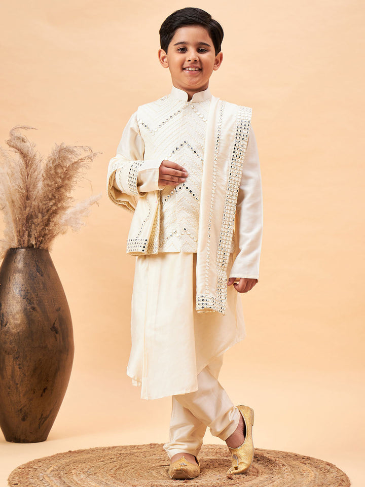 VASTRAMAY Boy's Cream Mirror Work Jacket And Pleated Kurta Pyjama Set With Ethnic Dupatta - qivii
