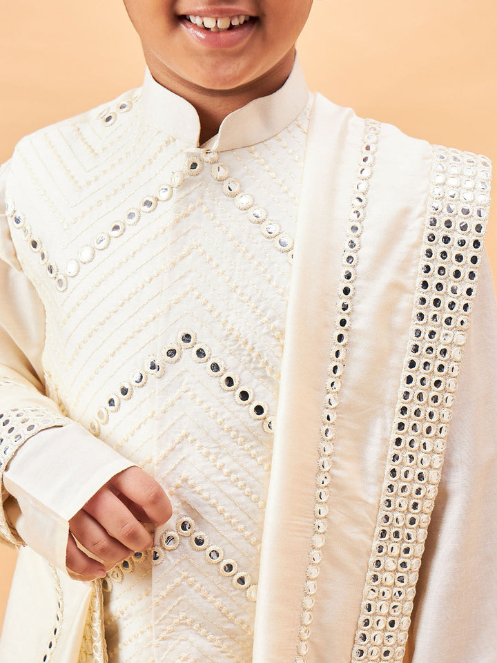 VASTRAMAY Boy's Cream Mirror Work Jacket And Pleated Kurta Pyjama Set With Ethnic Dupatta - qivii