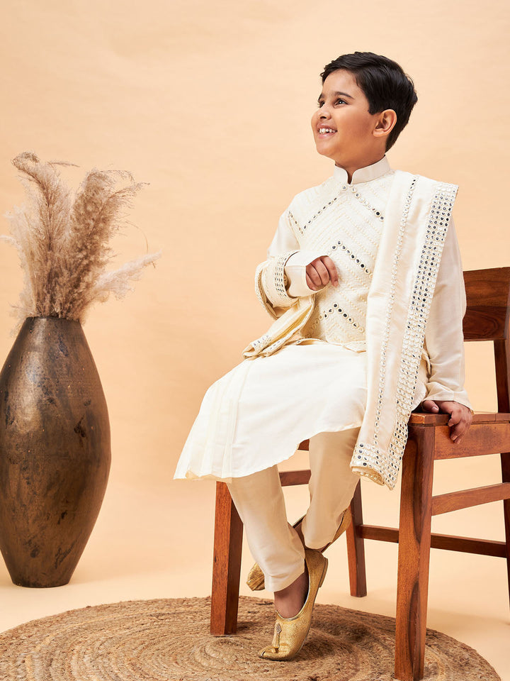 VASTRAMAY Boy's Cream Mirror Work Jacket And Pleated Kurta Pyjama Set With Ethnic Dupatta - qivii
