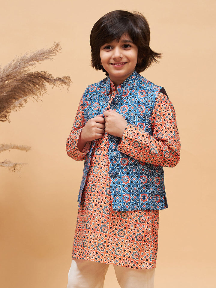 VASTRAMAY Boy's Blue Printed Nehru Jacket - qivii