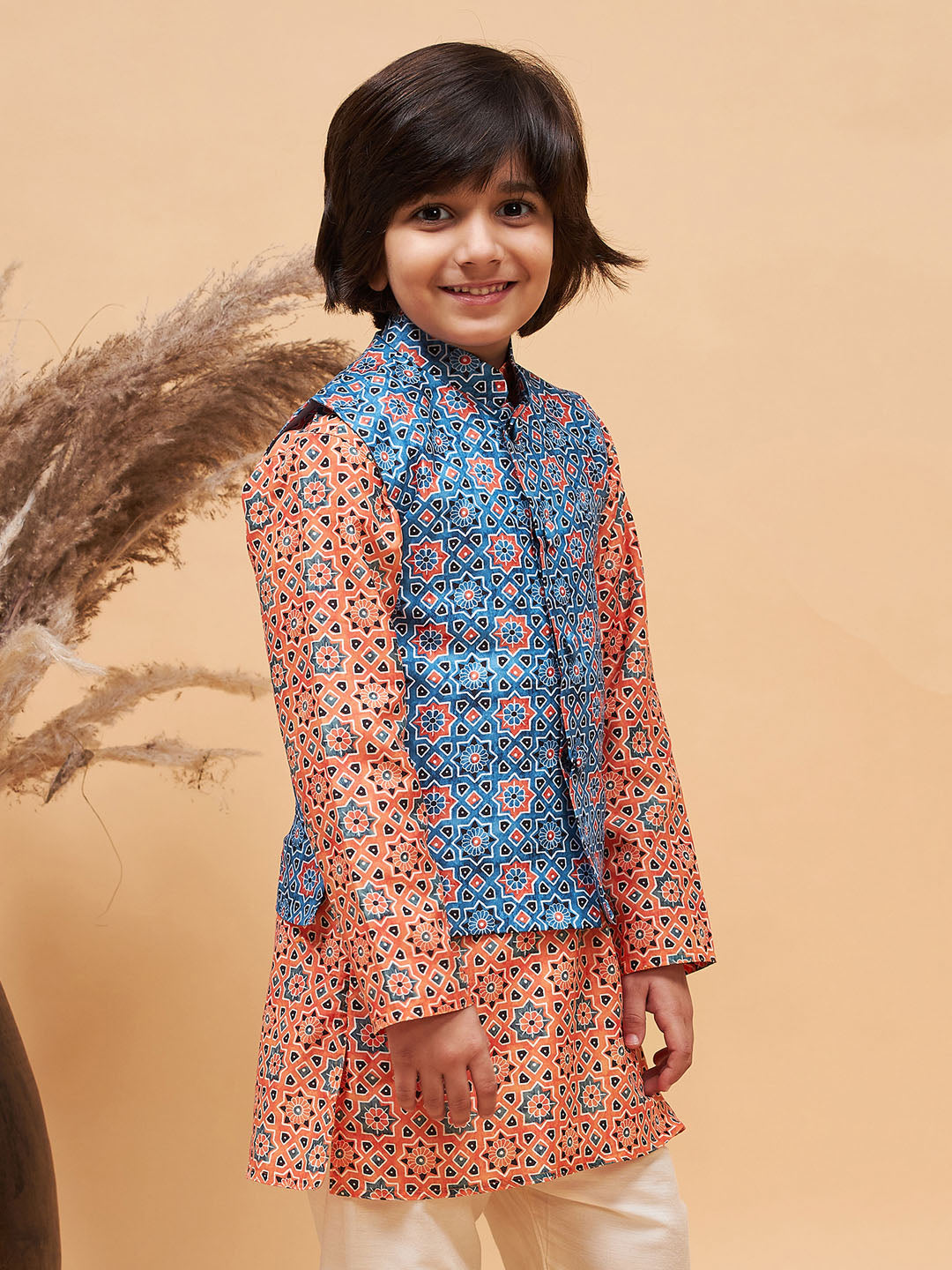 VASTRAMAY Boy's Blue Printed Nehru Jacket - qivii