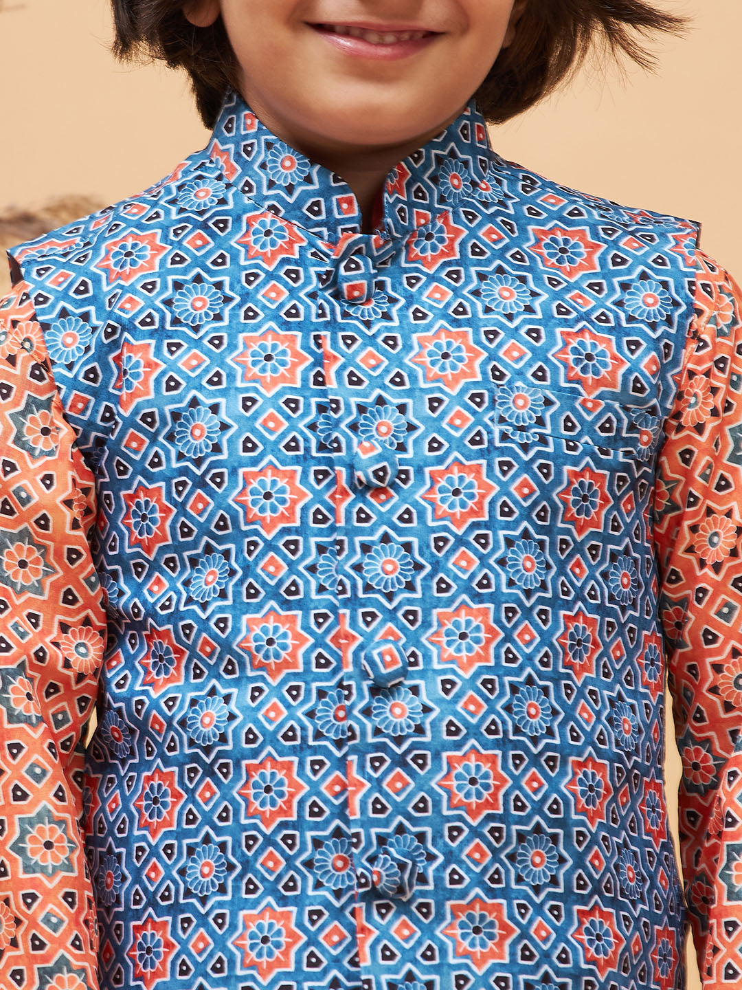 VASTRAMAY Boy's Blue Printed Nehru Jacket - qivii