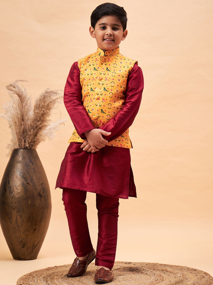 VASTRAMAY Boy's Yellow Ethnic Printed Jacket With Maroon Kurta and Pyjama Set - qivii