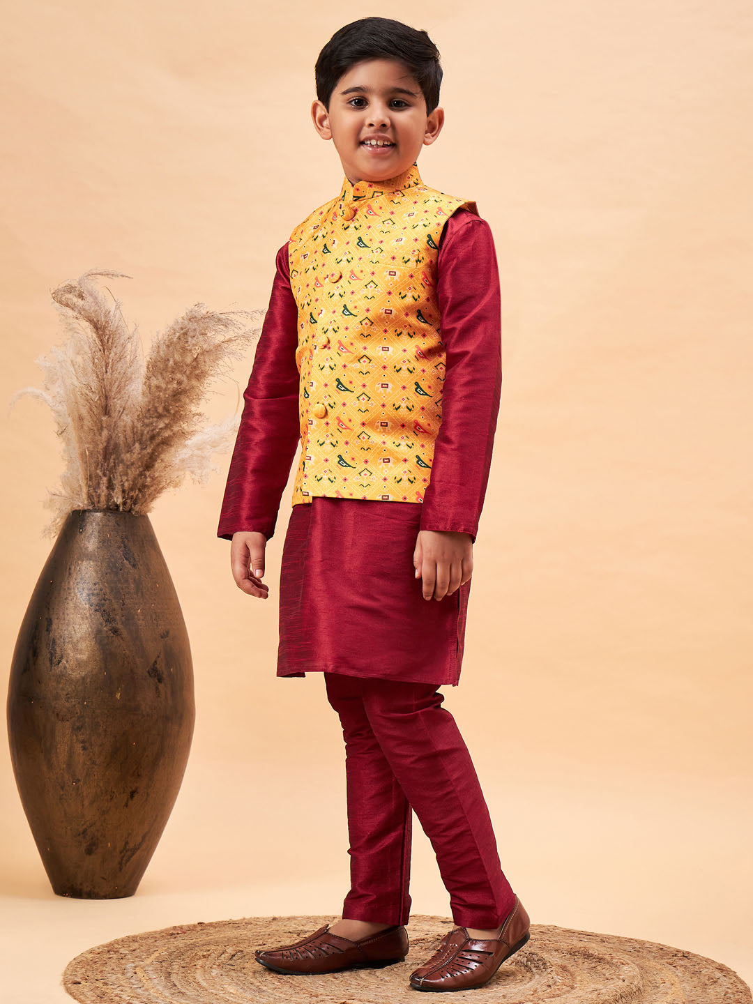 VASTRAMAY Boy's Yellow Ethnic Printed Jacket With Maroon Kurta and Pyjama Set - qivii