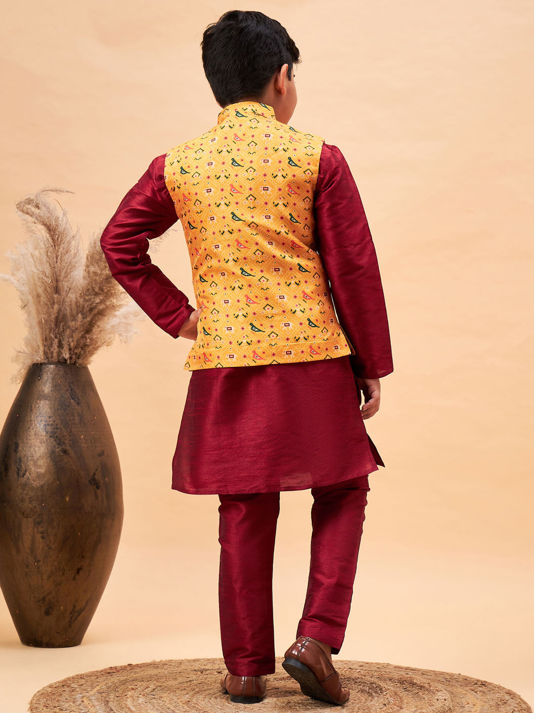 VASTRAMAY Boy's Yellow Ethnic Printed Jacket With Maroon Kurta and Pyjama Set - qivii