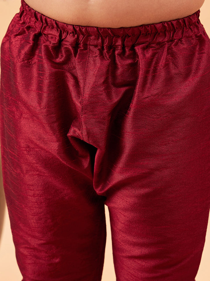 VASTRAMAY Boy's Yellow Ethnic Printed Jacket With Maroon Kurta and Pyjama Set - qivii