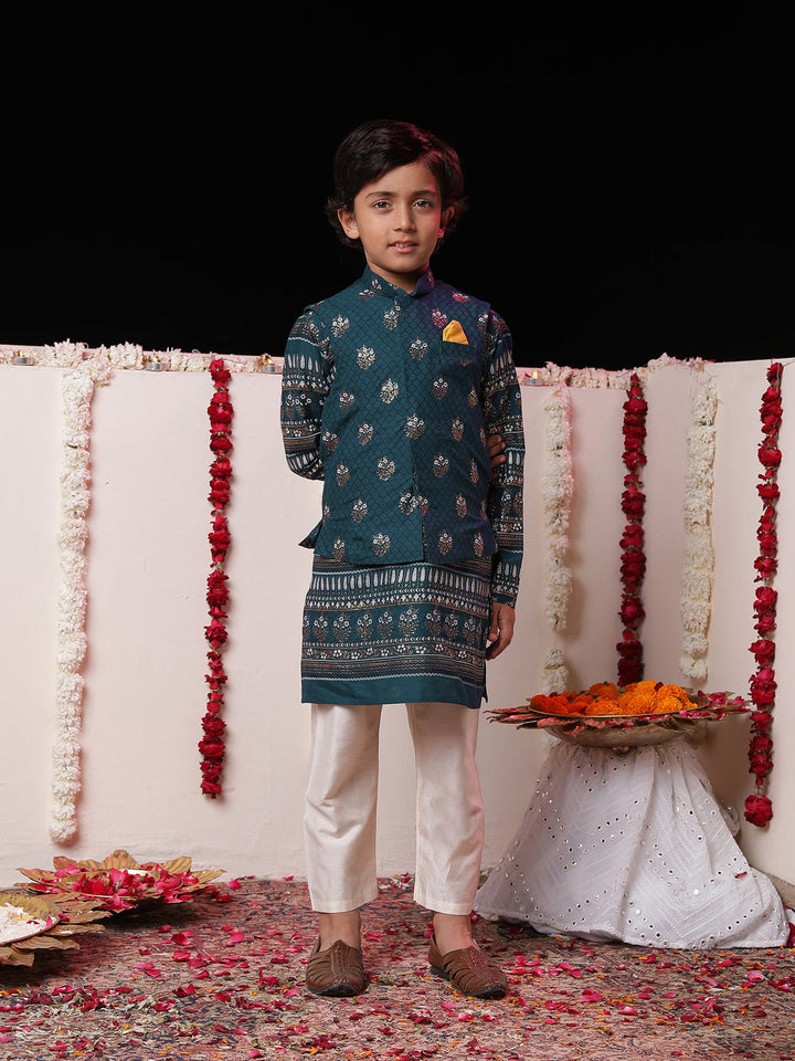 VASTRAMAY Boys' Blue Foli Print On Viscose Jacket And Kurta Pyjama Set - qivii