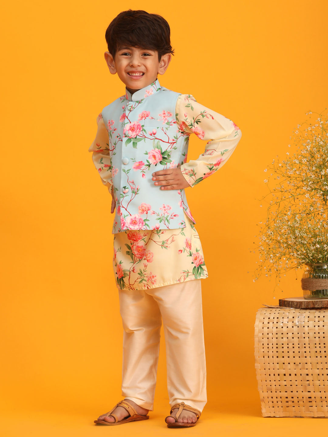 VASTRAMAY Boy's Aqua Blue Jacket With Yellow Floral Printed Kurta with Cream Solid Pyjama Set - qivii
