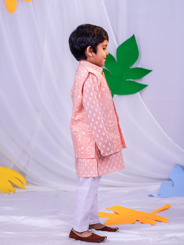 VASTRAMAY Boys' Peach And White Jacket, Kurta and Pyjama Set - qivii