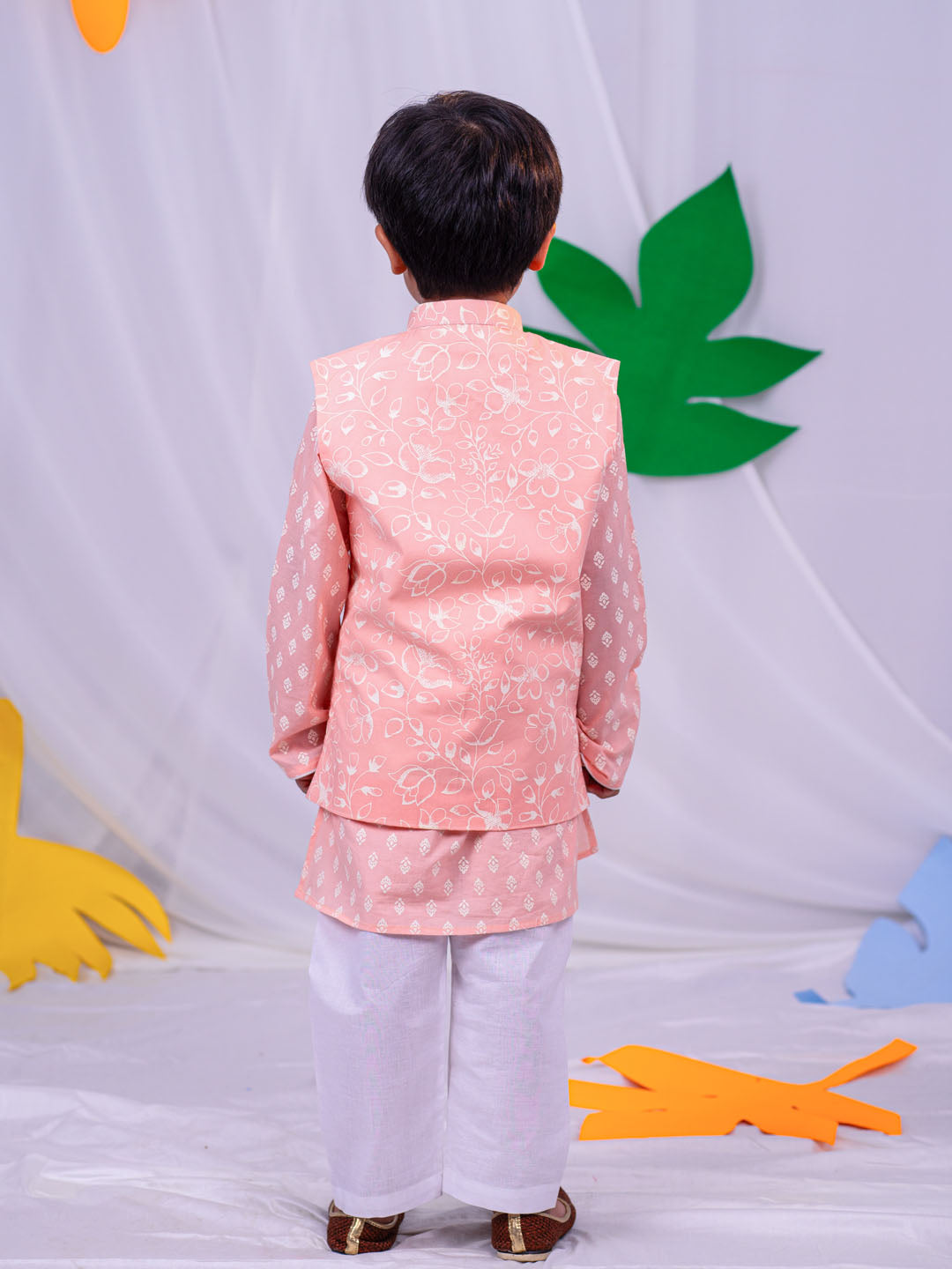 VASTRAMAY Boys' Peach And White Jacket, Kurta and Pyjama Set - qivii