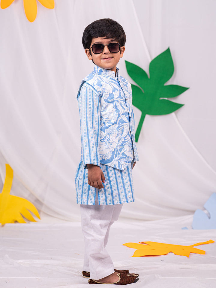 VASTRAMAY Boys' Blue Jacket, Kurta and Pyjama Set - qivii