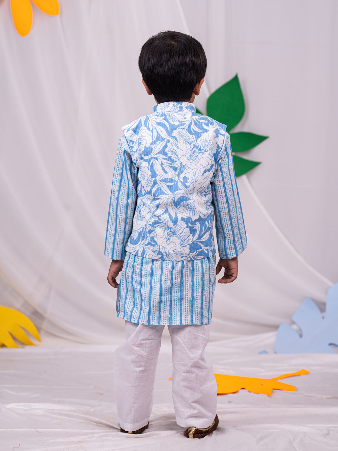 VASTRAMAY Boys' Blue Jacket, Kurta and Pyjama Set - qivii