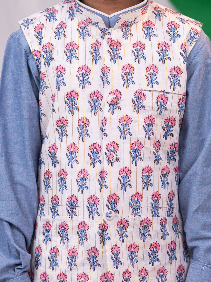 VASTRAMAY Boys' Gray And White Jacket, Kurta and Pyjama Set - qivii