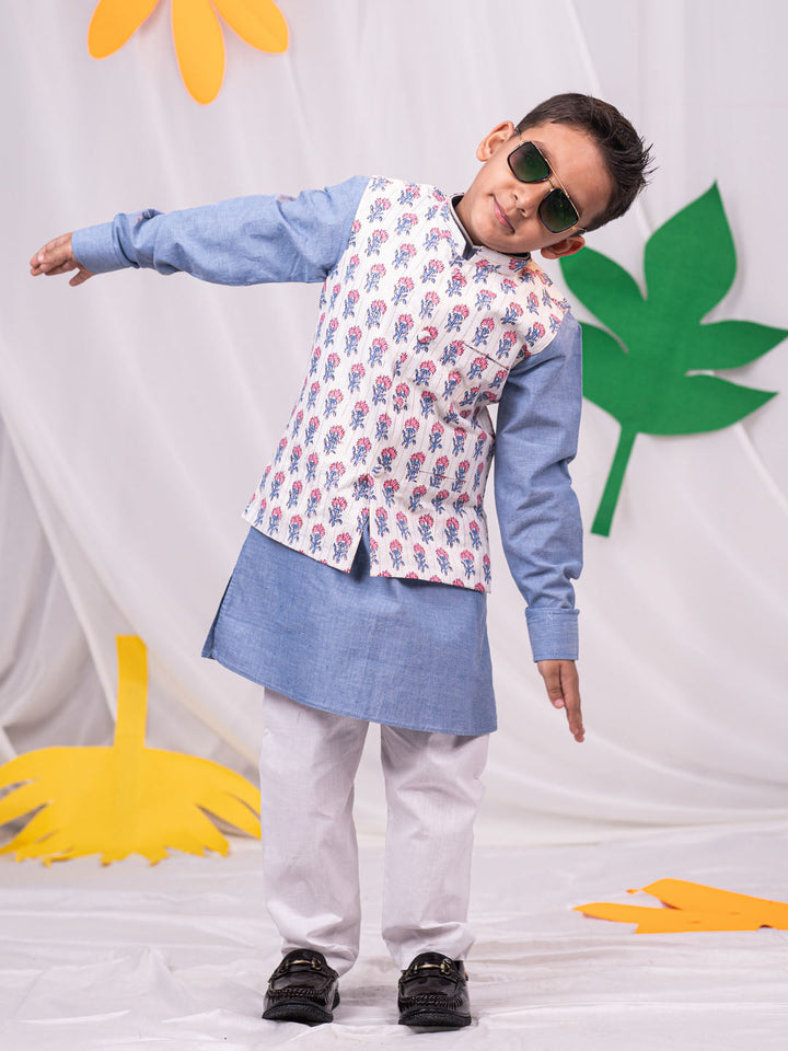 VASTRAMAY Boy's Beige Printed Jacket With Grey Kurta Pyjama Set - qivii