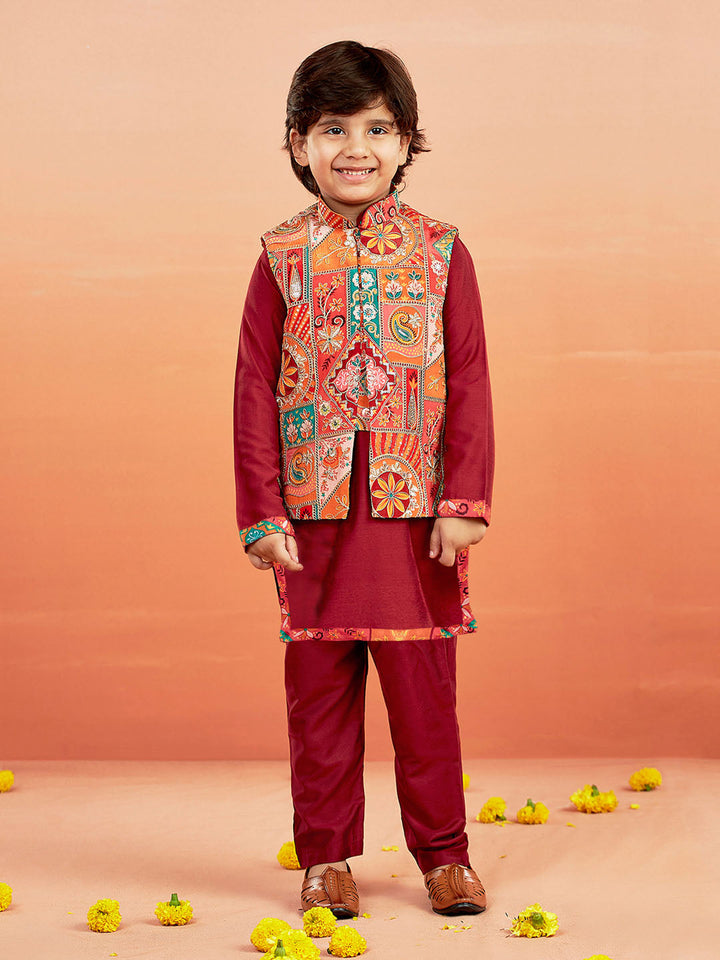 VASTRAMAY Boys' Maroon Jacket,Kurta And Pyjama Set. - qivii