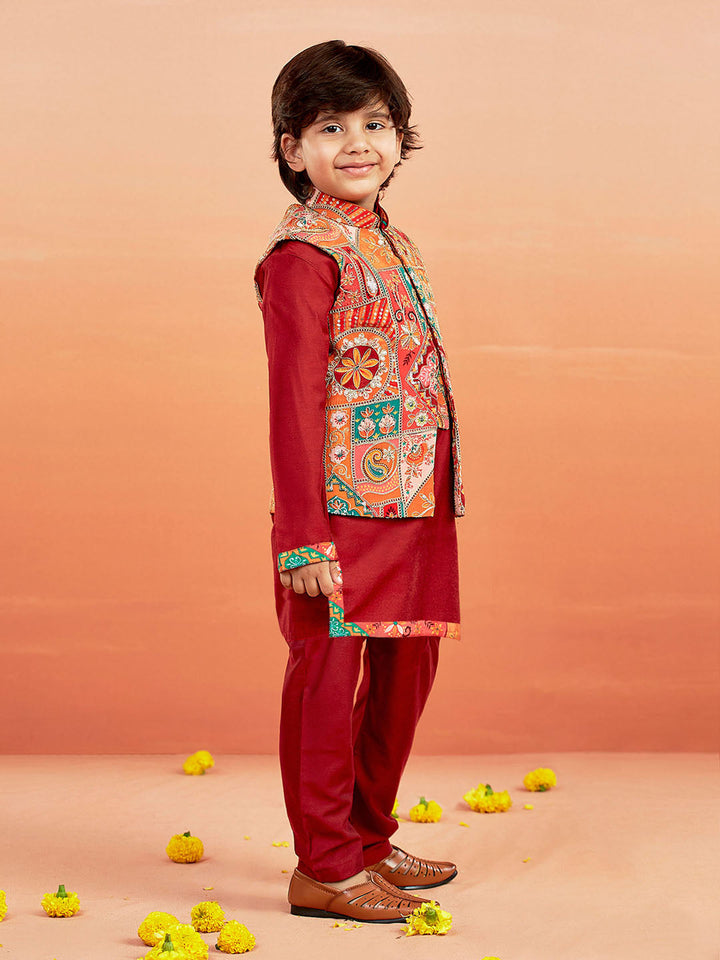 VASTRAMAY Boys' Maroon Jacket,Kurta And Pyjama Set. - qivii