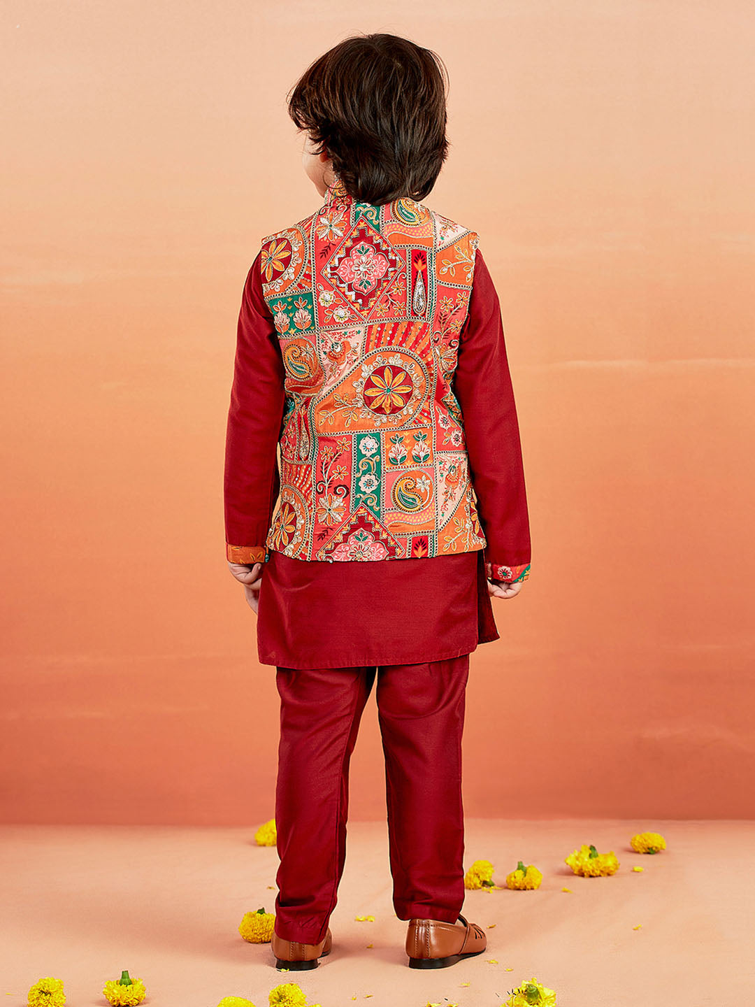VASTRAMAY Boys' Maroon Jacket,Kurta And Pyjama Set. - qivii