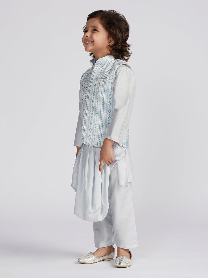 VASTRAMAY Boys' Aqua Jacket,Kurta And Pyjama Set. - qivii
