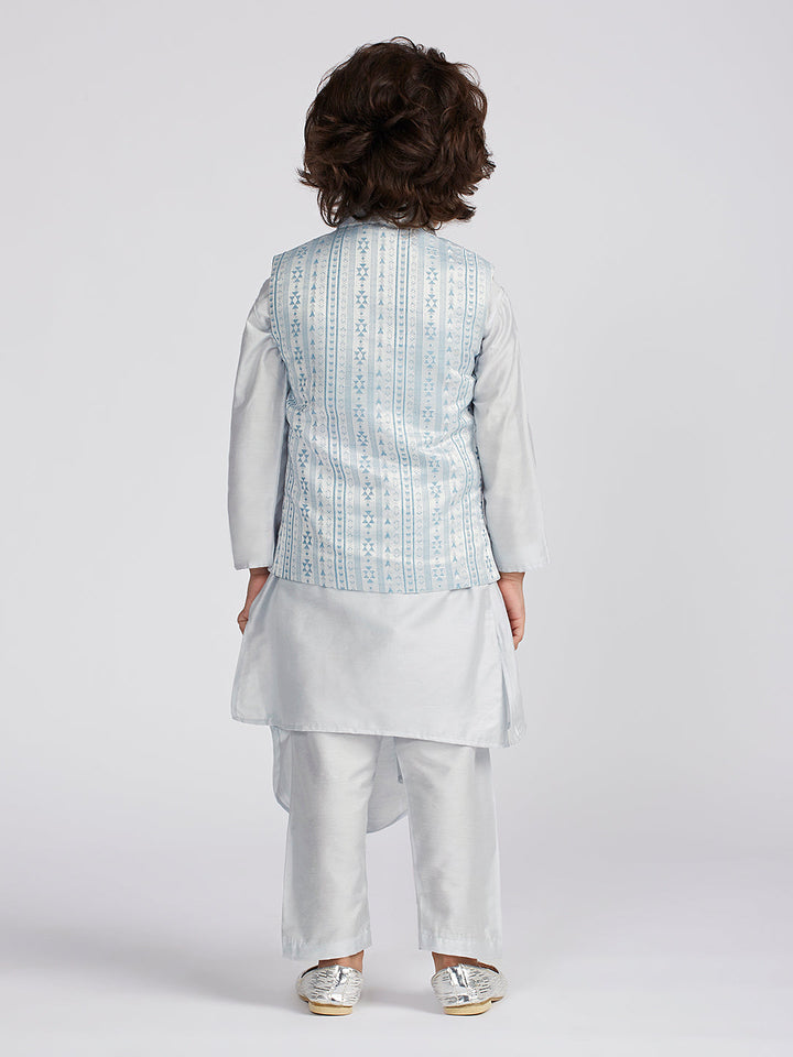 VASTRAMAY Boys' Aqua Jacket,Kurta And Pyjama Set. - qivii