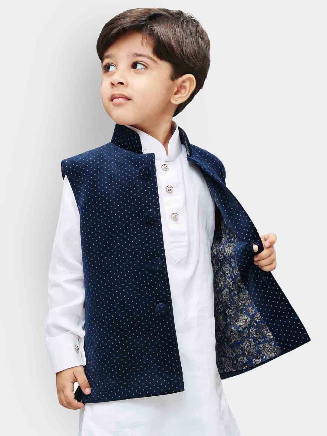 VASTRAMAY Boys' Blue Velvet Nehru Jackets - qivii