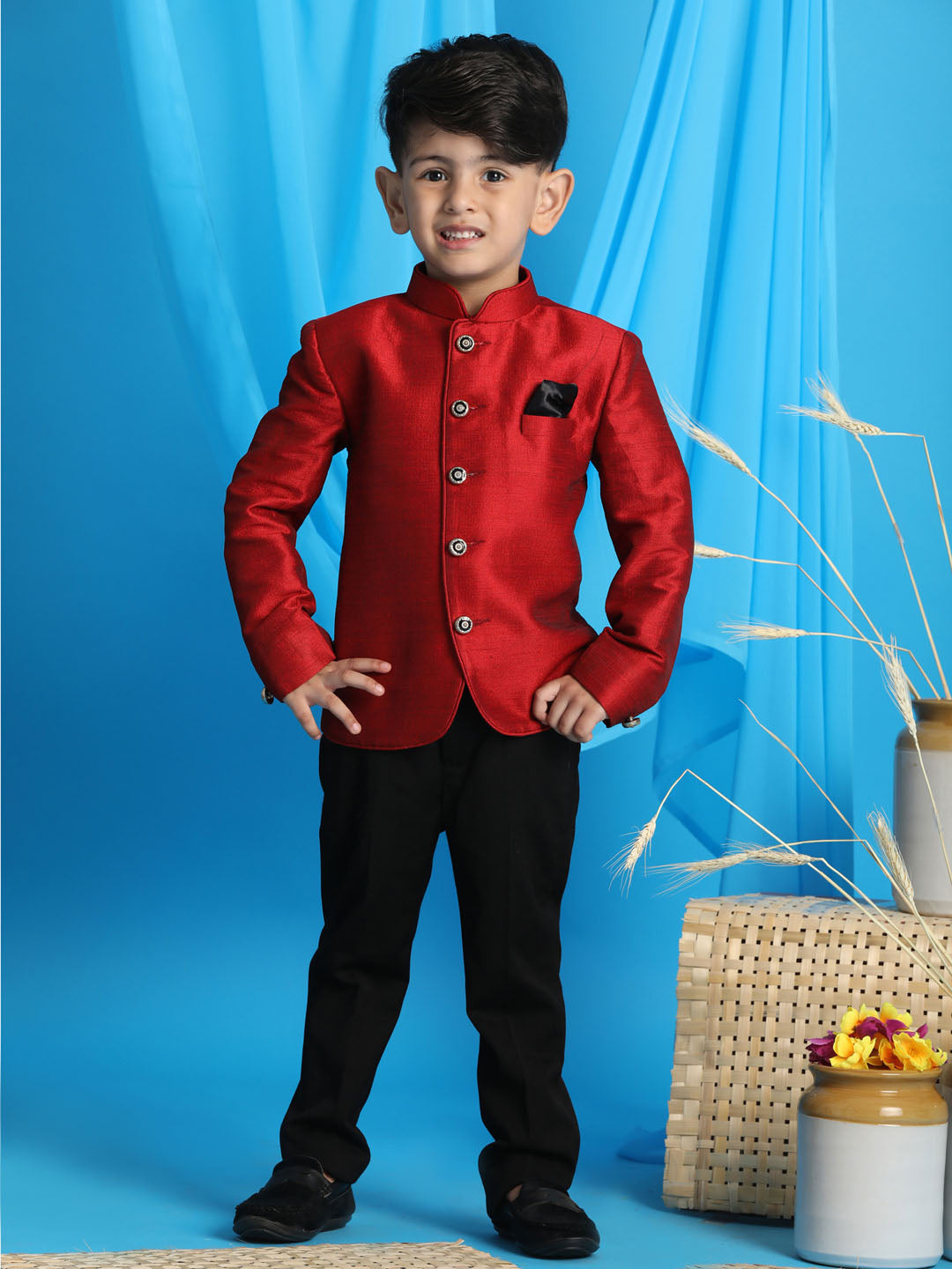 VASTRAMAY Boy's Maroon Silk Blend Jodhpuri - qivii