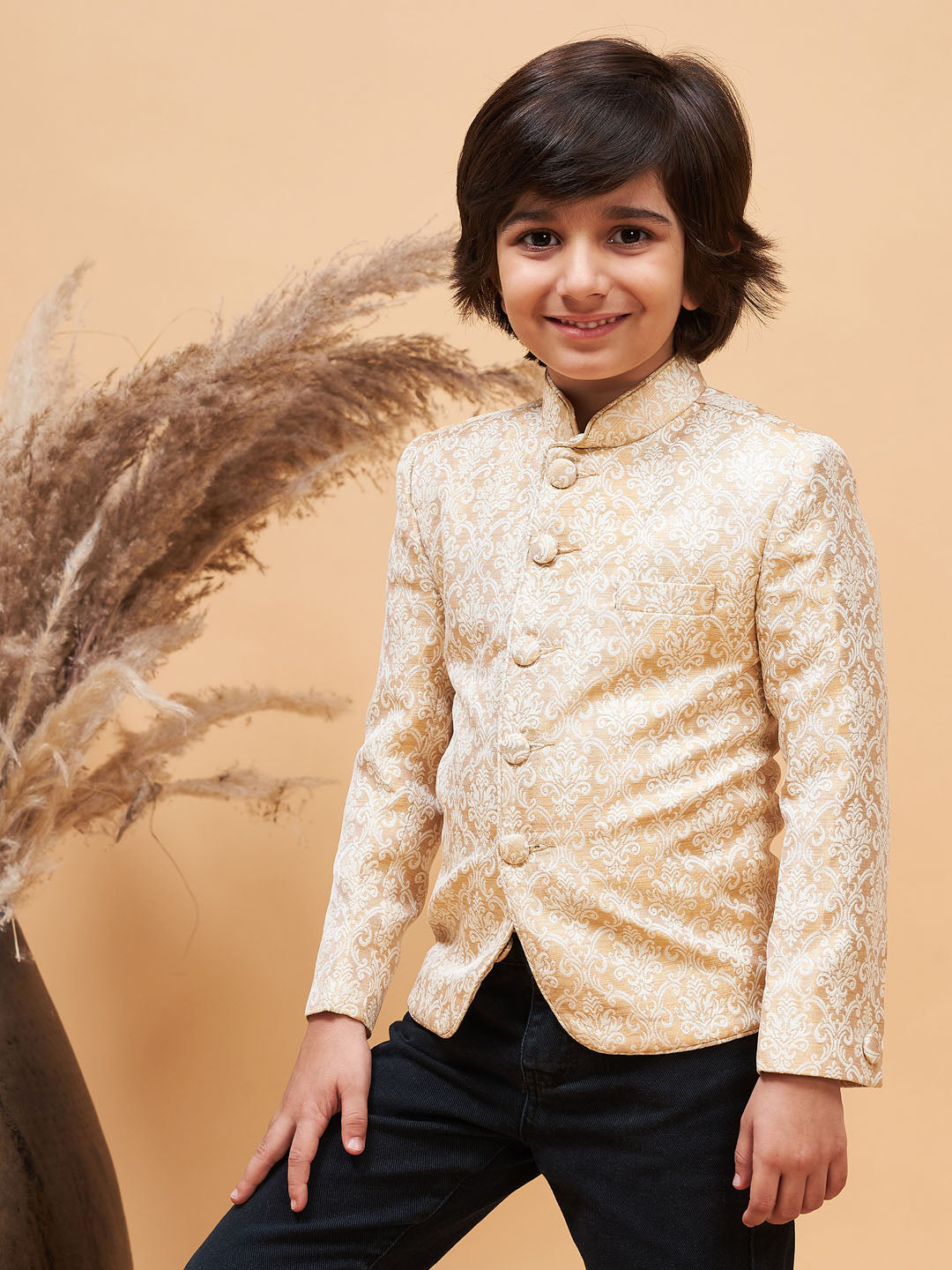 VASTRAMAY Boy's Gold Color Silk Blend Jodhpuri - qivii