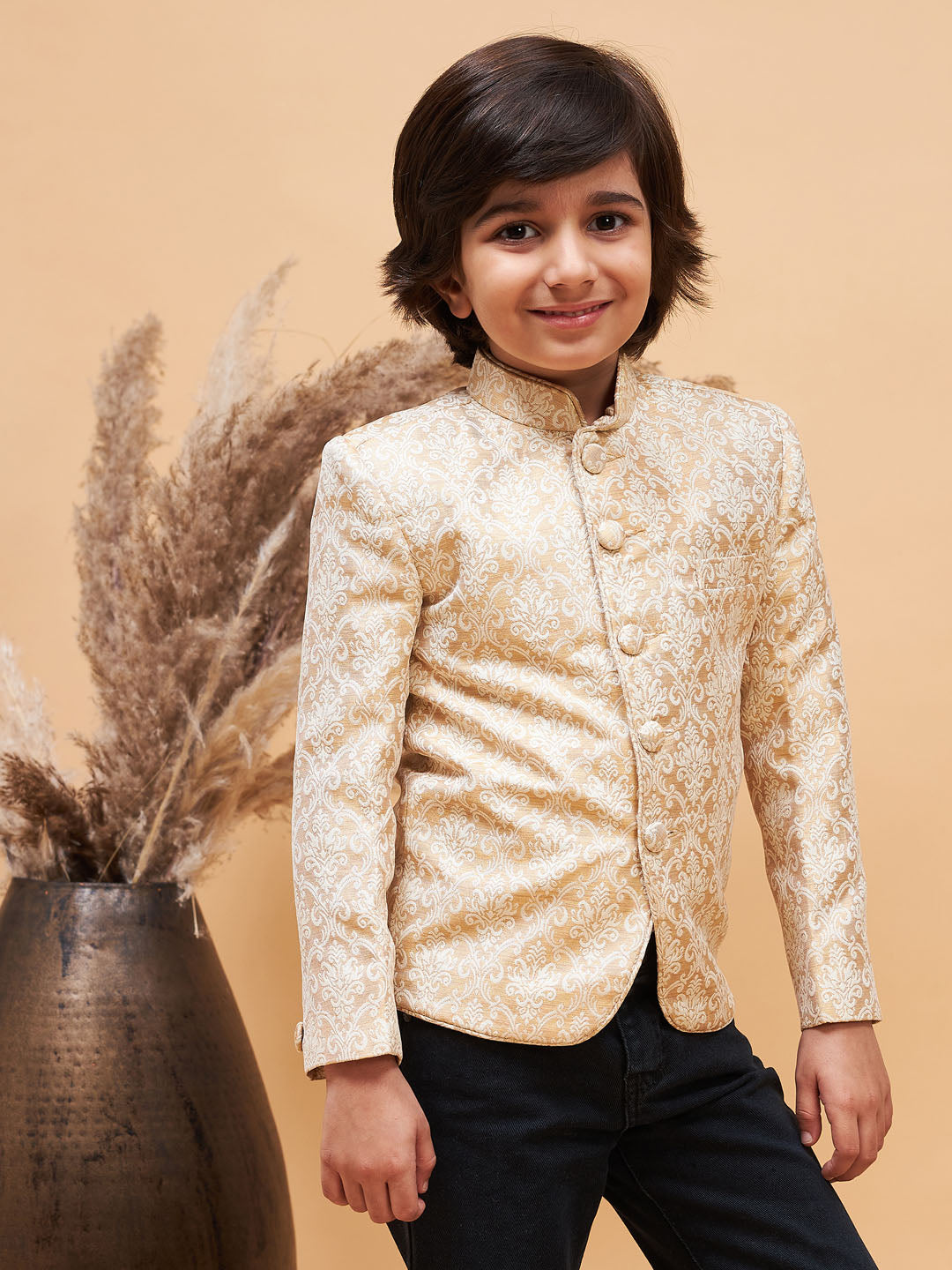 VASTRAMAY Boy's Gold Color Silk Blend Jodhpuri - qivii