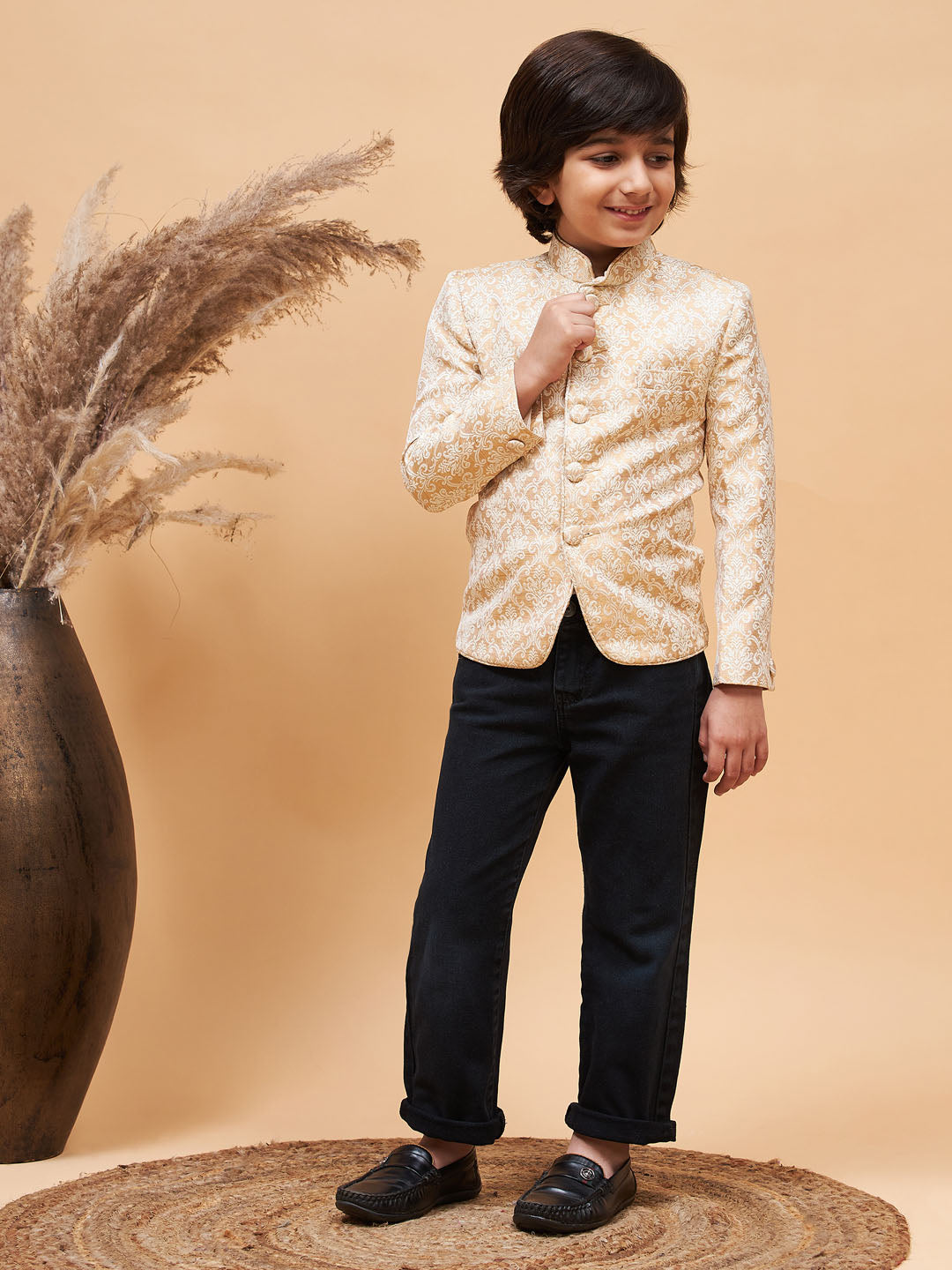 VASTRAMAY Boy's Gold Color Silk Blend Jodhpuri - qivii