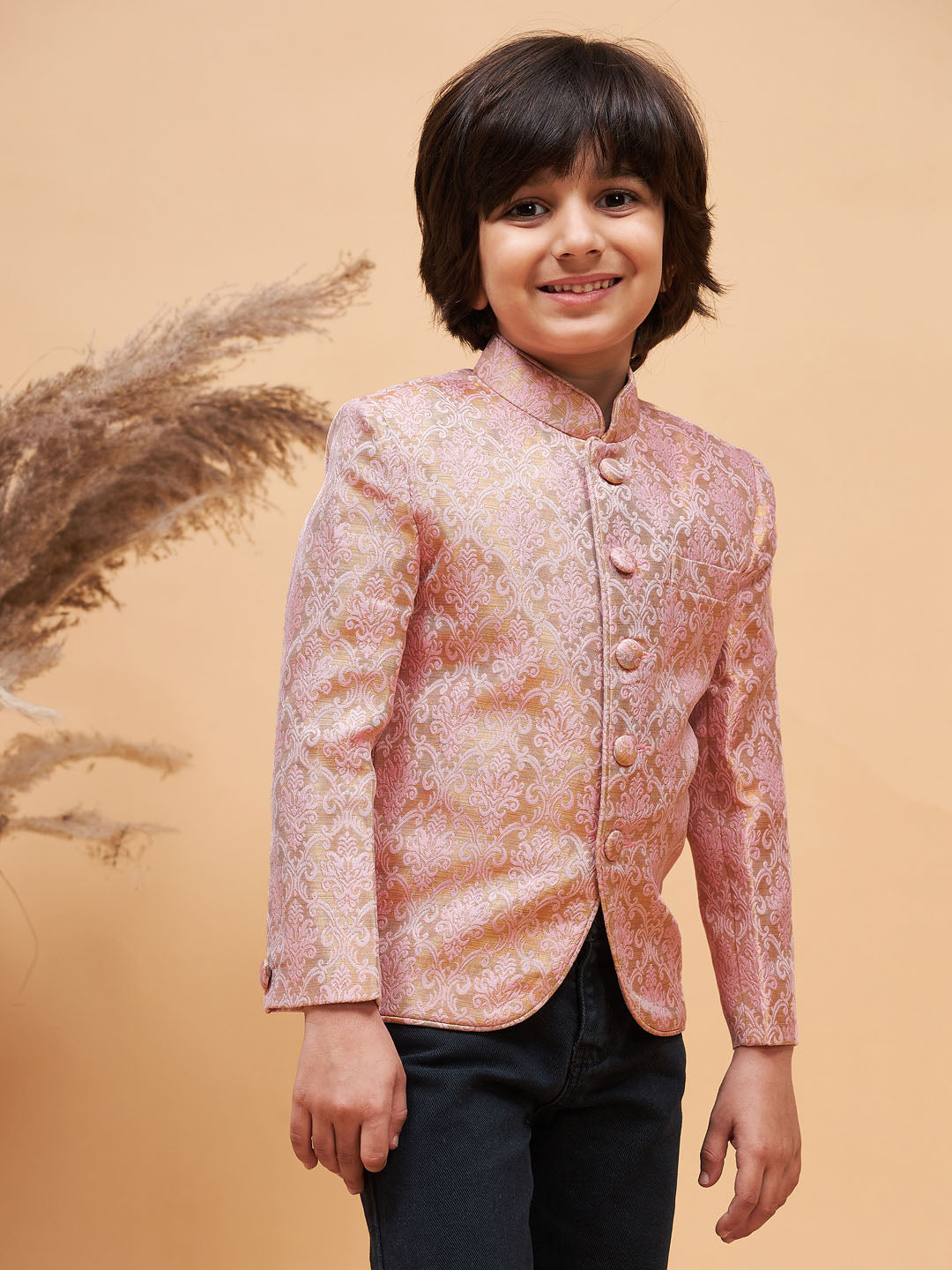 VASTRAMAY Boy's Pink Silk Blend Woven Jodhpuri - qivii