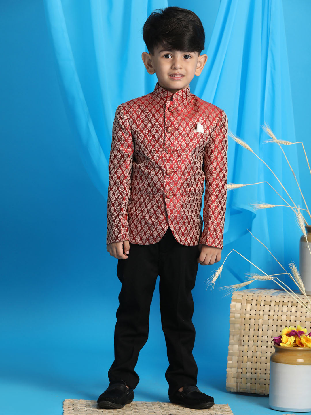Vastramay Boy's Maroon Woven Silk Blend Jodhpuri - qivii