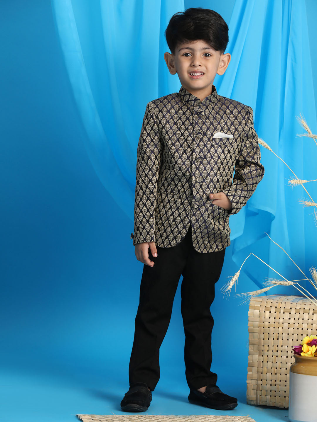 Vastramay Boy's Navy Blue Woven Silk Blend Jodhpuri - qivii