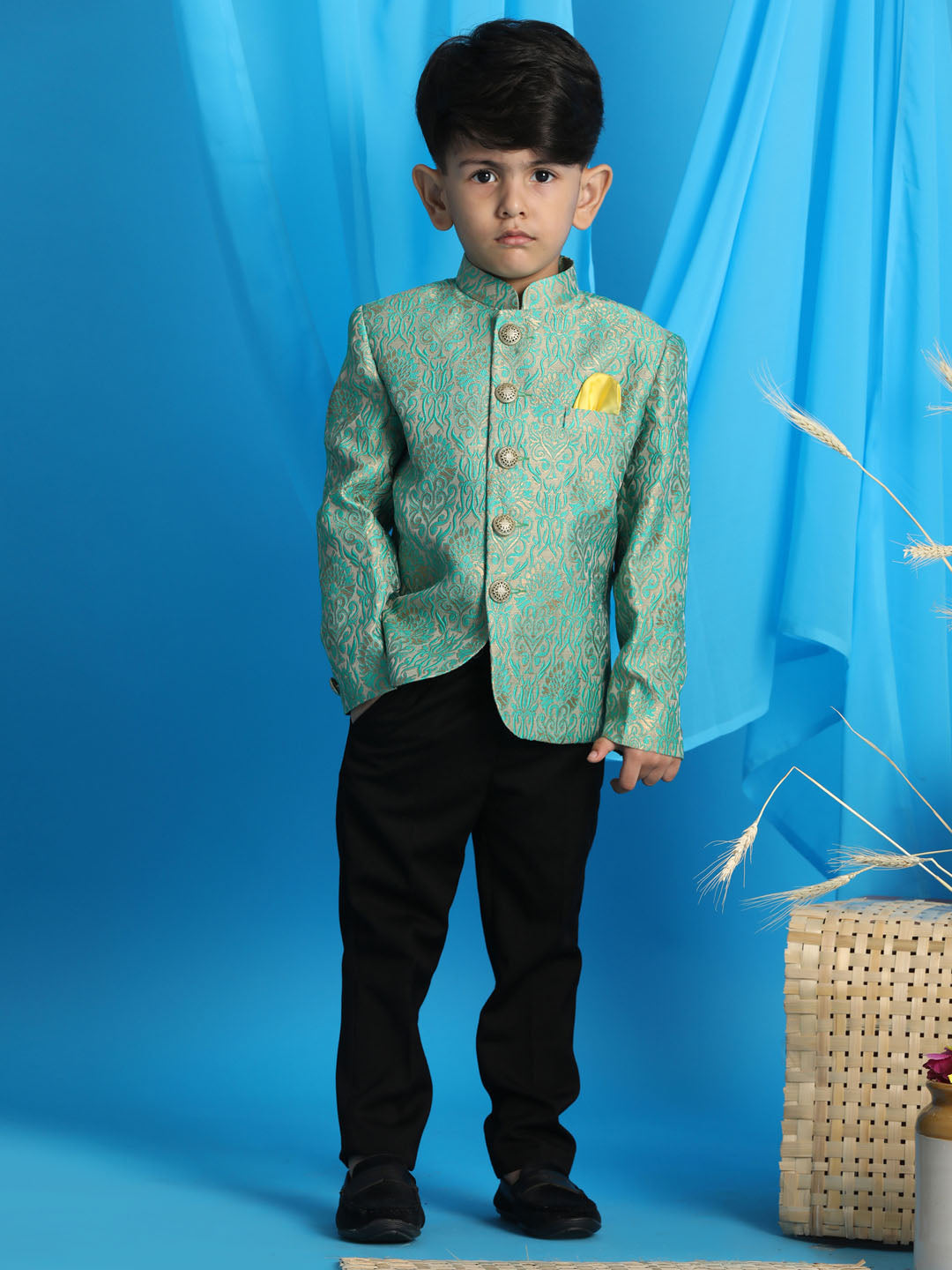 VASTRAMAY Boy's Green Woven Design Jodhpuri - qivii
