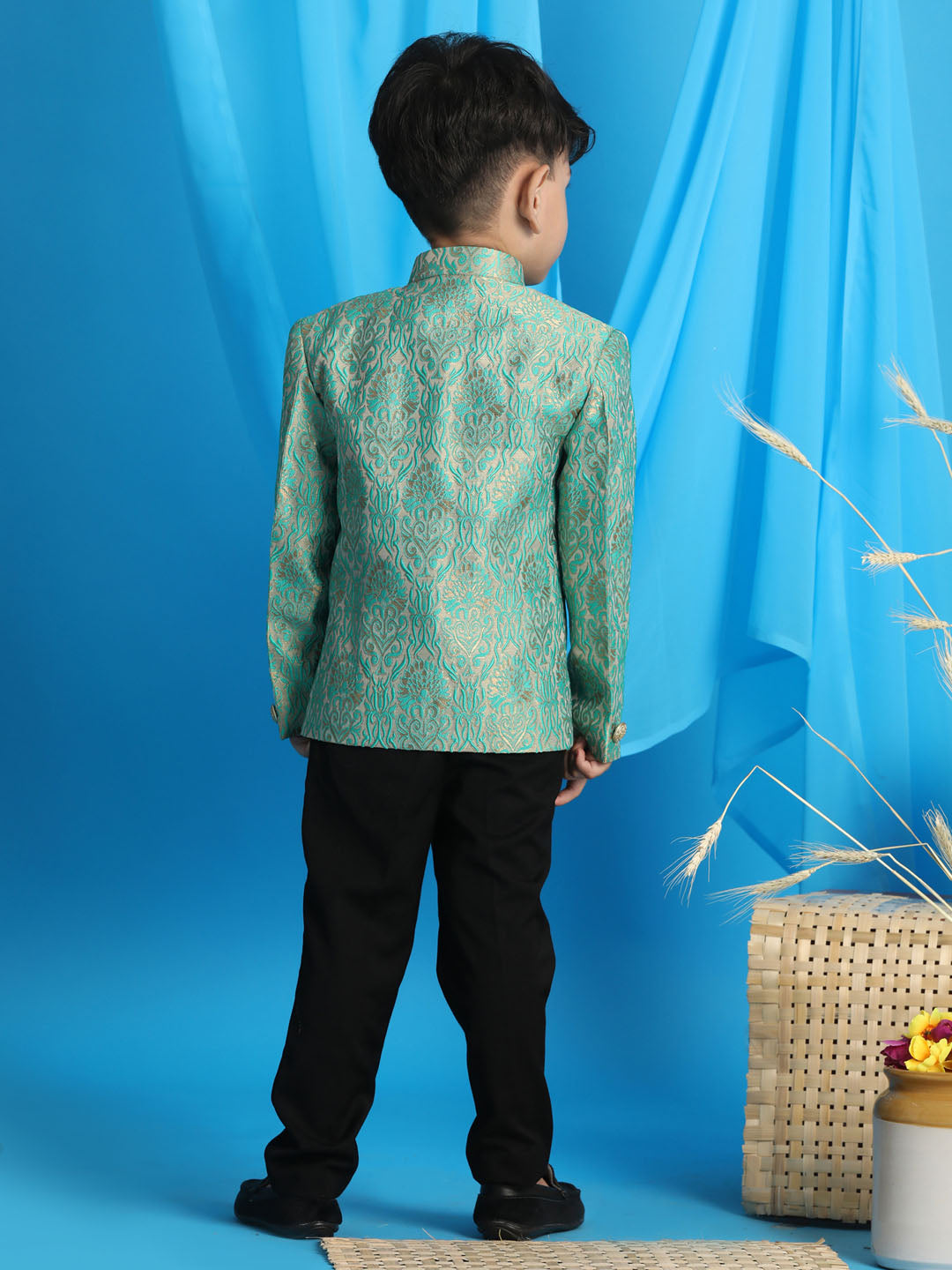 VASTRAMAY Boy's Green Woven Design Jodhpuri - qivii