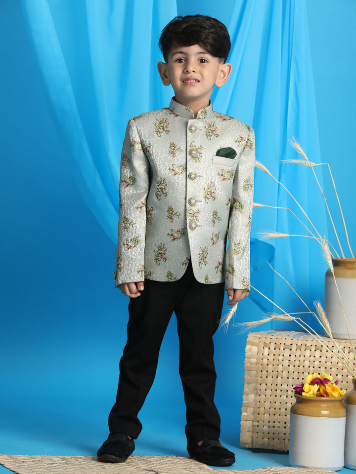 VASTRAMAY Boy's Light Green Woven Design Jodhpuri - qivii