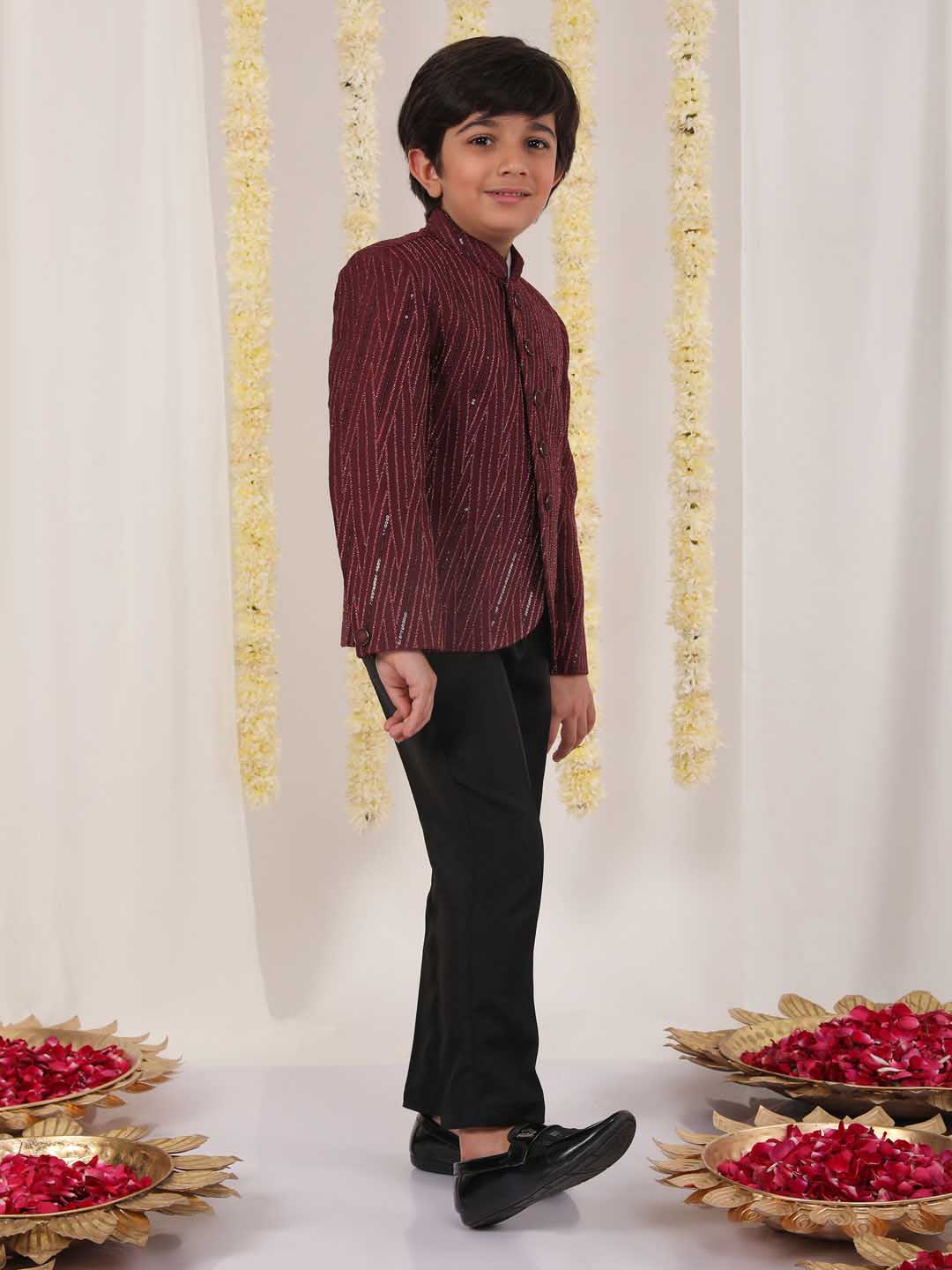 VASTRAMAY Boy's Maroon Sequined Jodhpuri - qivii
