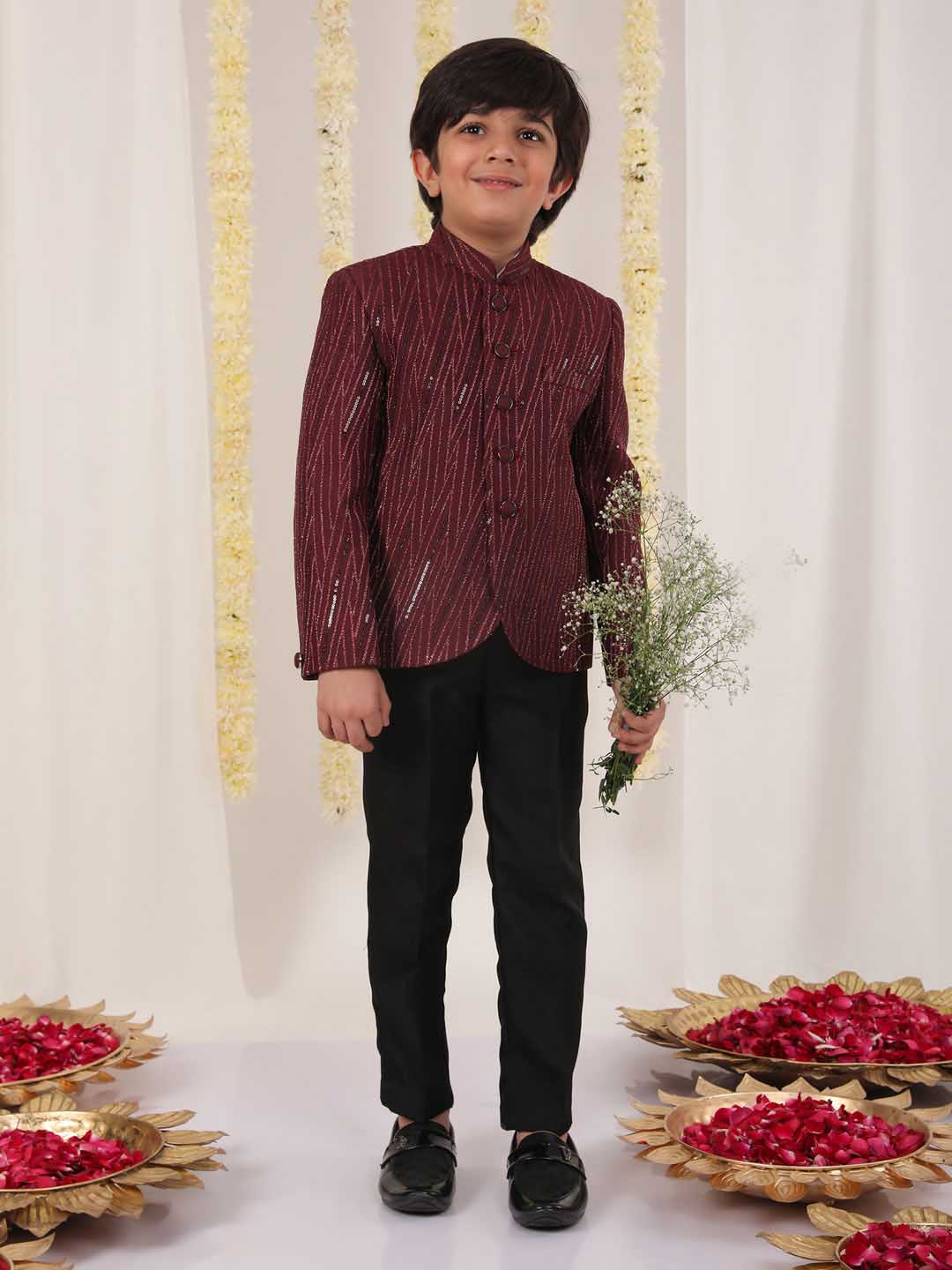VASTRAMAY Boy's Maroon Sequined Jodhpuri - qivii