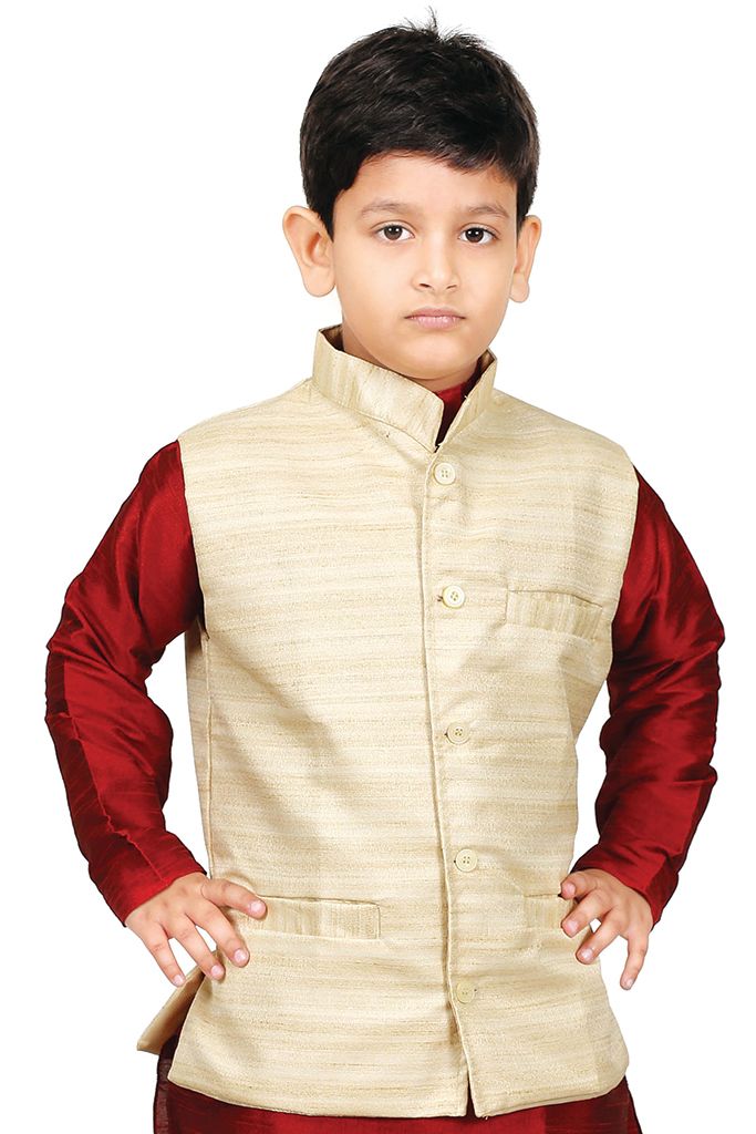VASTRAMAY Boys' Beige Cotton Silk Nehru Jacket - qivii