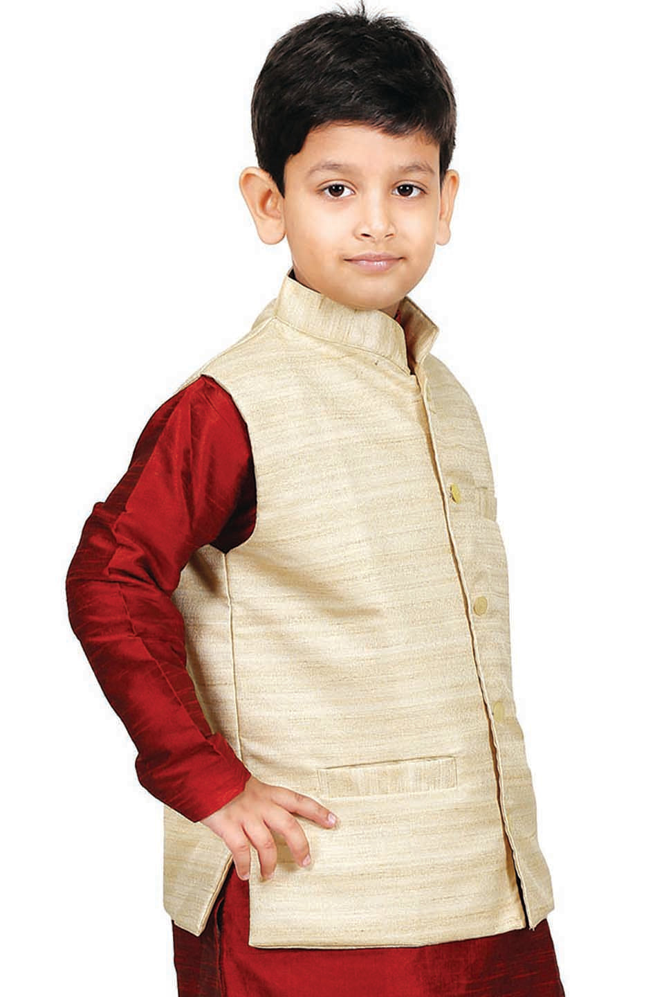 VASTRAMAY Boys' Beige Cotton Silk Nehru Jacket - qivii