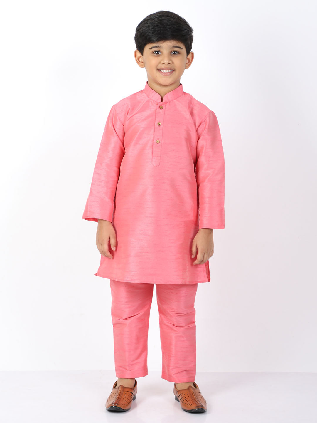 VASTRAMAY Boys Pink Silk Blend Kurta and Pyjama Set - qivii