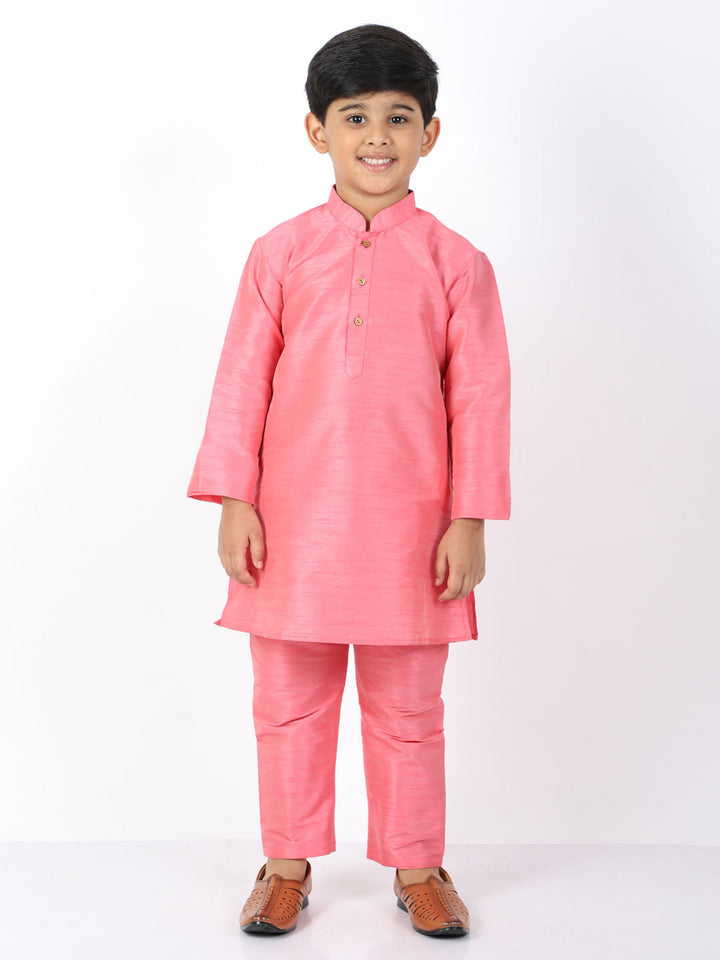 VASTRAMAY Boys Pink Silk Blend Kurta and Pyjama Set - qivii