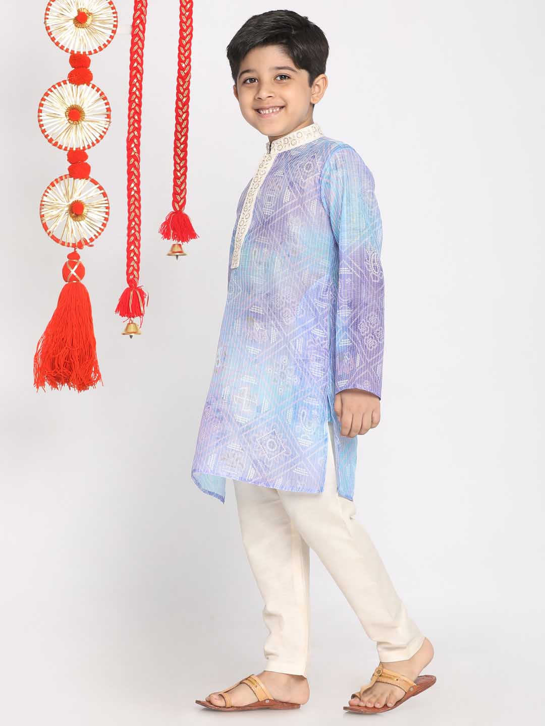 VASTRAMAY Boys' Blue And Cream Kurta Pyjama Set - qivii
