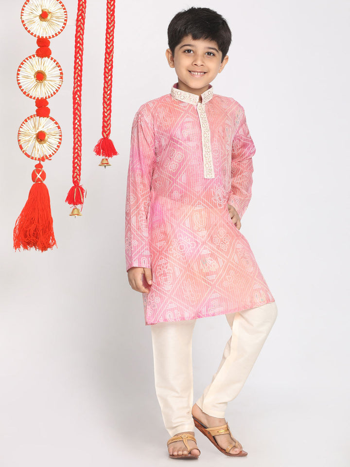 VASTRAMAY Boys' Pink And Cream Kurta Pyjama Set - qivii