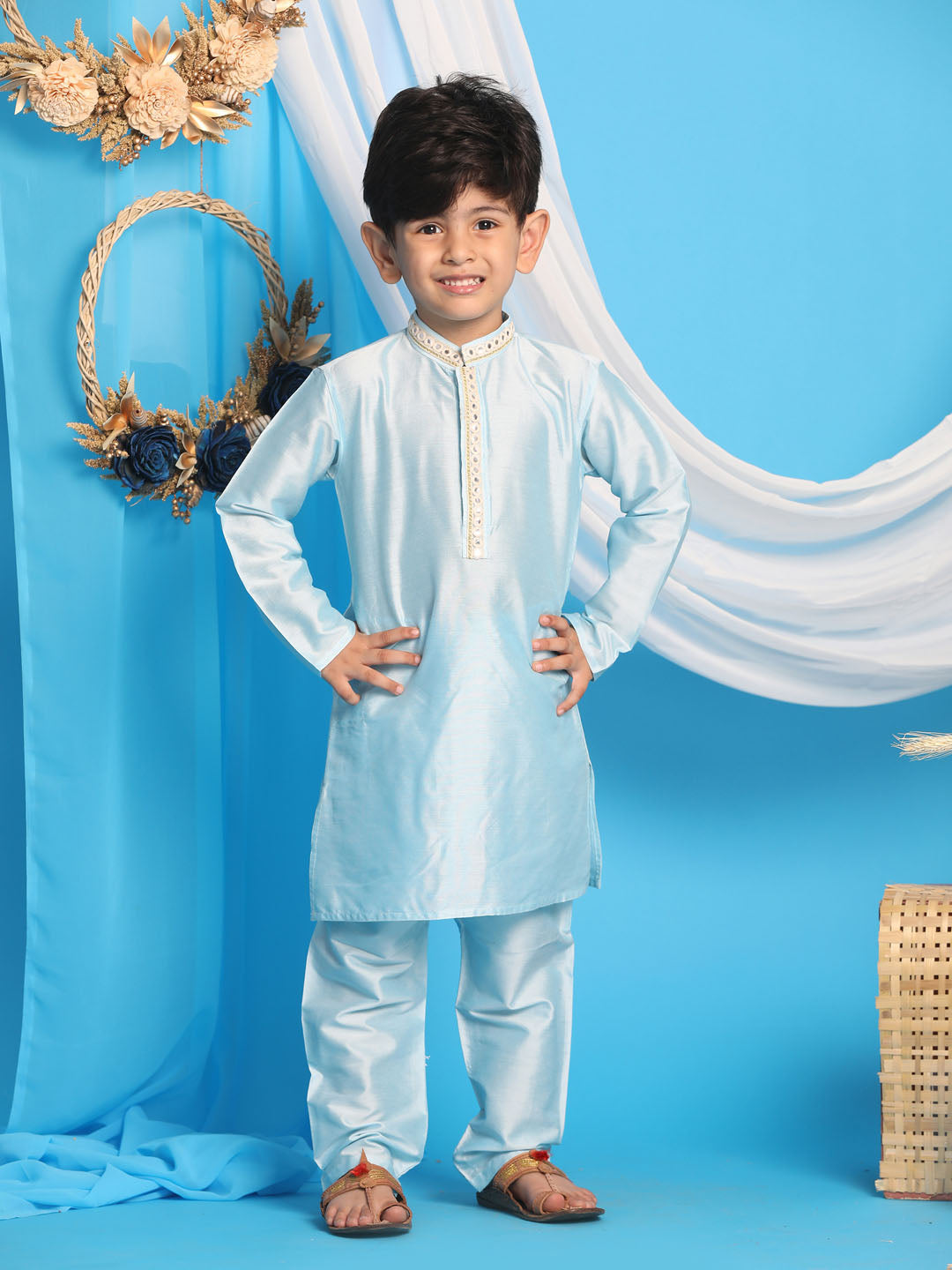VASTRAMAY Boys' Aqua Blue Viscose Kurta and Pyjama Set - qivii