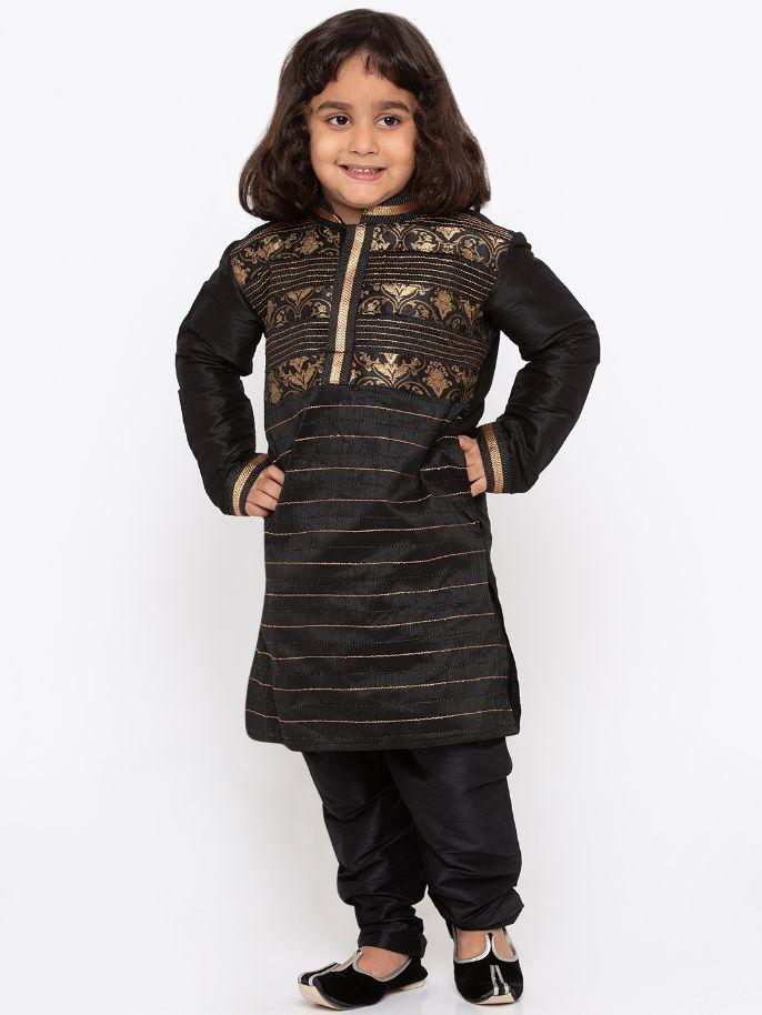 VASTRAMAY Boys' Black Cotton Silk Kurta and Pyjama Set - qivii
